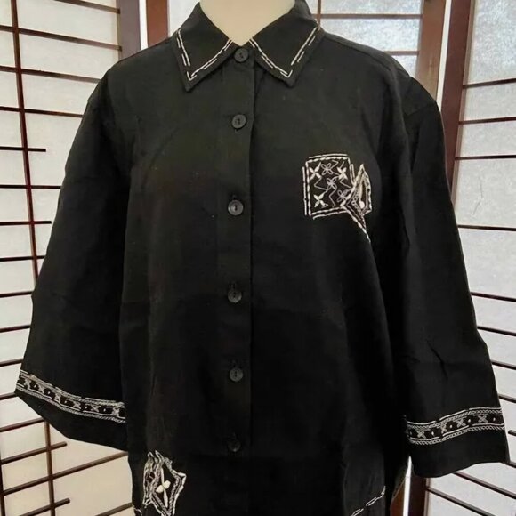 Erika Tops - Erika Boho Unique Closet Staple Linen black shirt beige embroidery button down M